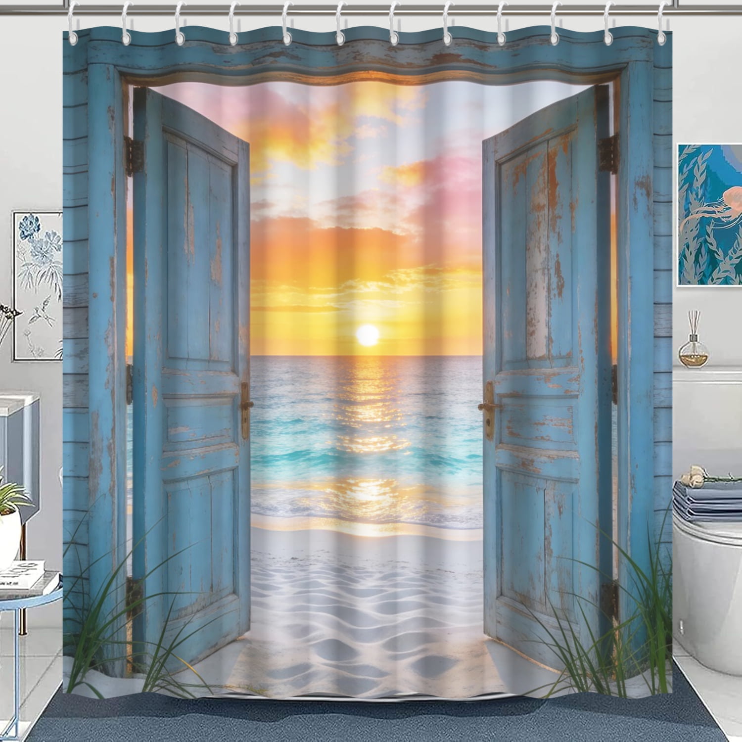 Beach Coastal Shower Curtain,Teal Ocean Sunrise Seascape Nautical Shower Curtain,Rustic Barn Door Seashore Fabric Shower Curtain for Bathroom,60"x72"