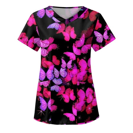 

Mlqidk Women Flower Butterfly Printed Scrub Tops with Pockets Short Sleeve V-Neck Plus Size Shirts Nursing Working Uniform