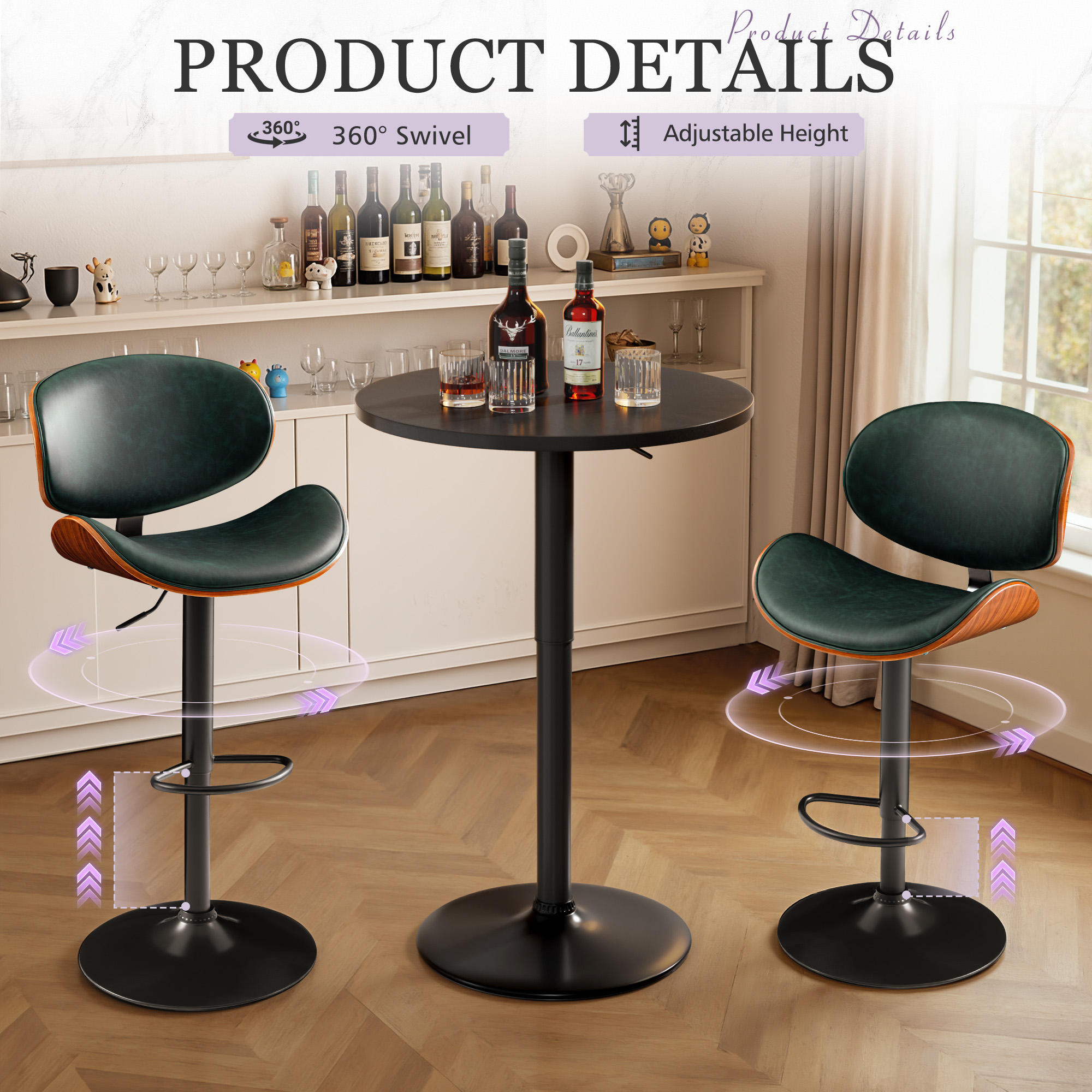 Homall Bar Stools Set of 2 Swivel Counter Height Bar Chairs Upholstered Bentwood Barstools with Back and Footrest for Kitchen, Coffee Bar, Green