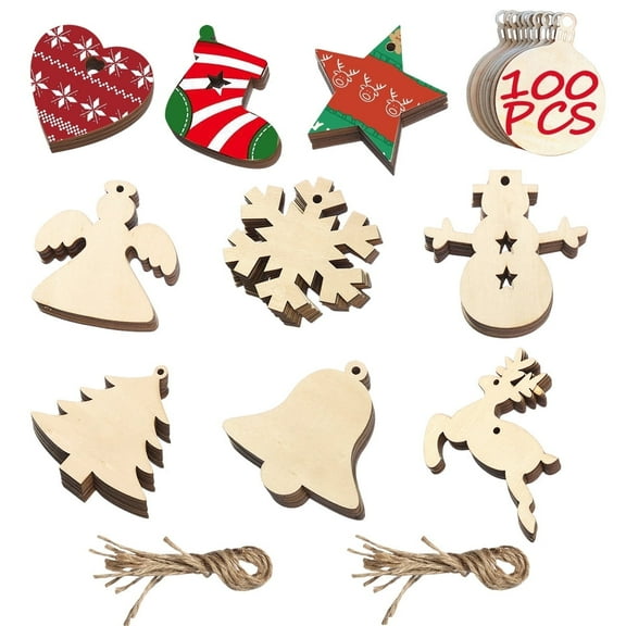 Christmas Wooden Ornaments Christmas Craft Unfinished DIY Wood Hanging Decorations Christmas Tree Decoration 100Pcs