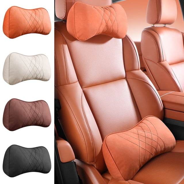 Sentmoon Embroidered Leather Velvet Car Headrest Interior Foam Neck Pillow Support Set Soft Comfortable Car Seat Cushion Decorative Auto Accessory