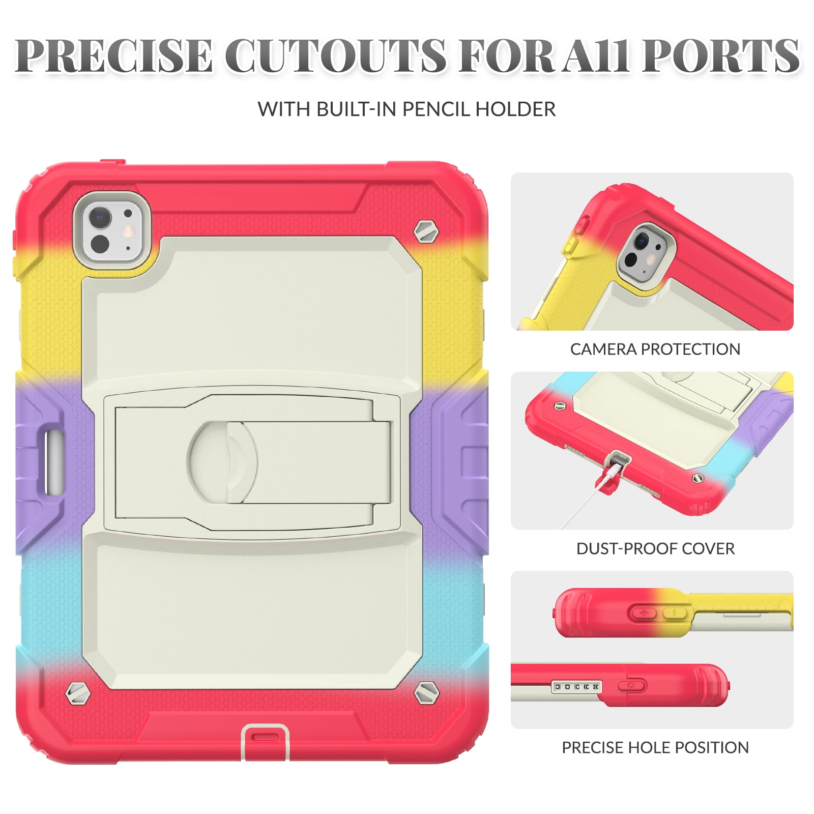 Rugged Case For Apple iPad Pro 11 (2024) – 3-Layer Protection Shockproof Stand Cover with Screen Protector, Adjustable Stand, Shoulder Strap, & Pencil Holder -- Colorful Red