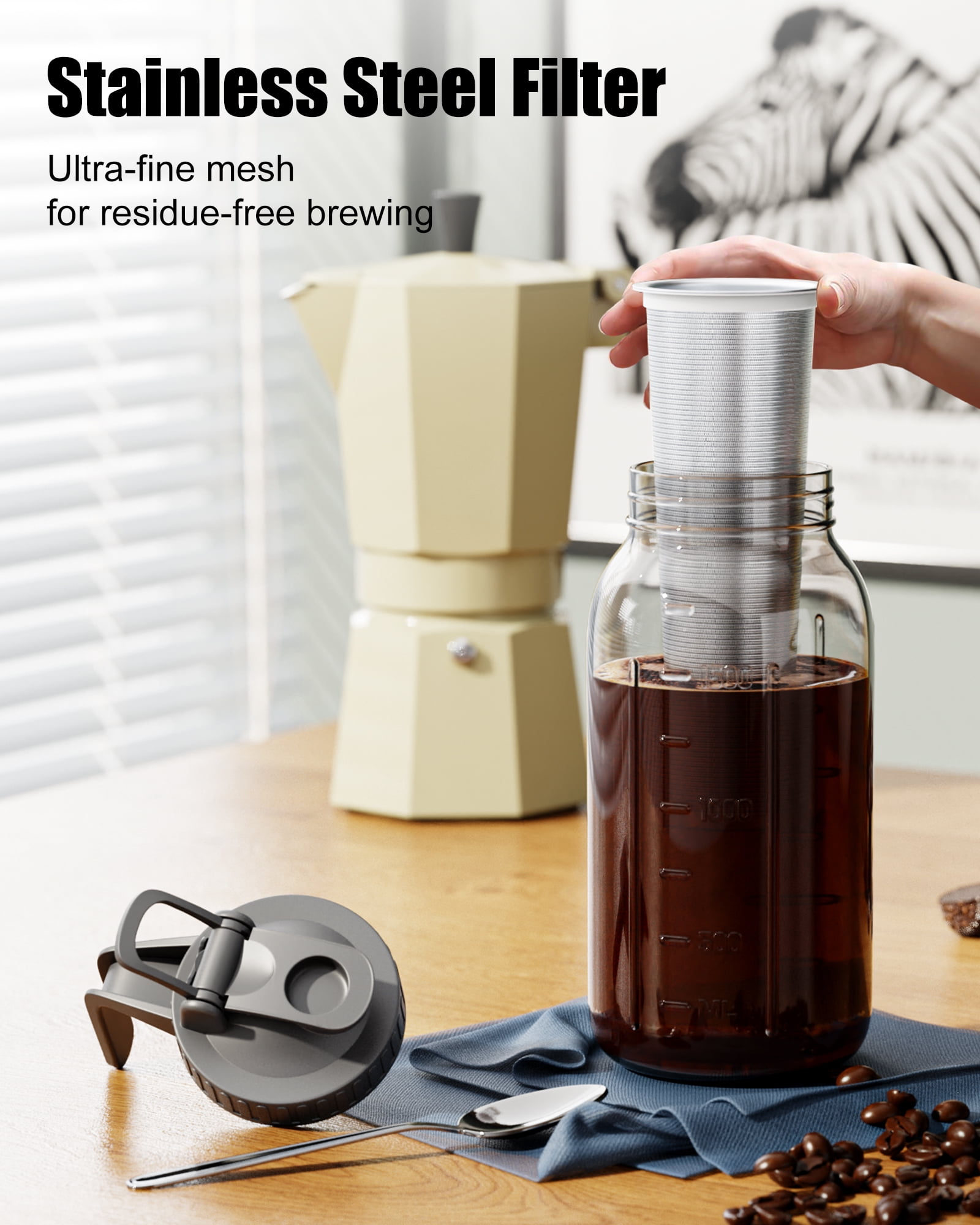 VA1KENE 64oz Cold Brew Coffee Pitcher Ice Coffee Maker with Spout, Handle & Stainless Steel Filter Coffee Maker with lid for Home Kitchen-Gray