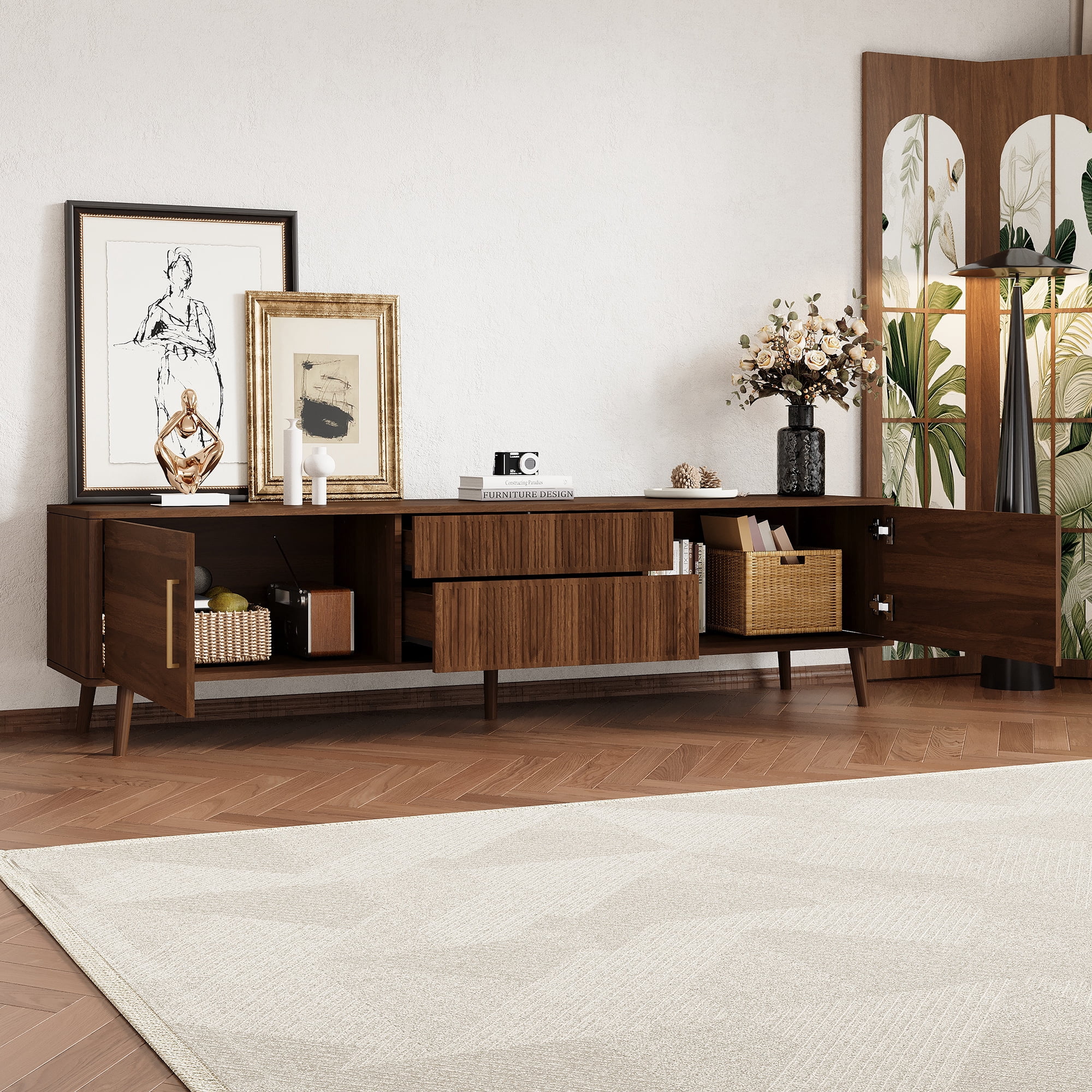 TV Stand for TVs up to 80 Inch, Mid-Century Modern Entertainment Center with 2 Drawers & 2 Cabinets, Media Console for Living Room