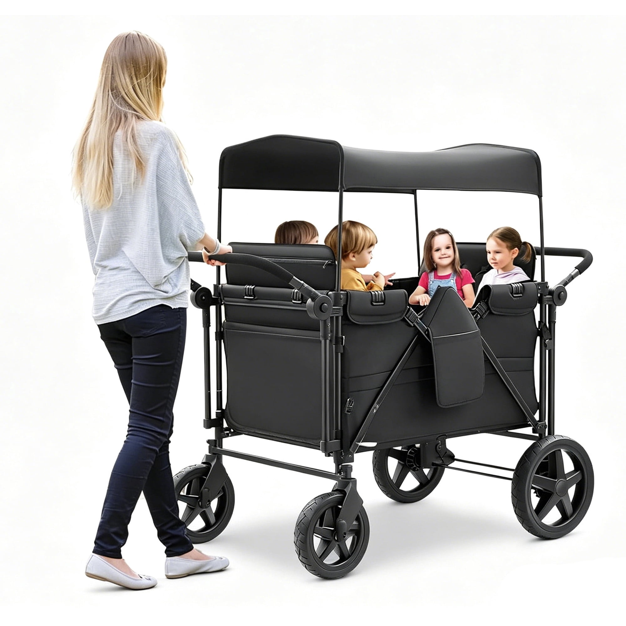 ICEELF Stroller Wagon for 4 Kids, 4 Seater Wagon Stroller with 4 High Seats, 5-Point Harnesses, Adjustable Canopy, Foldable Double Push Bar, Large Storage Space for Camping, Travel, Park, Black