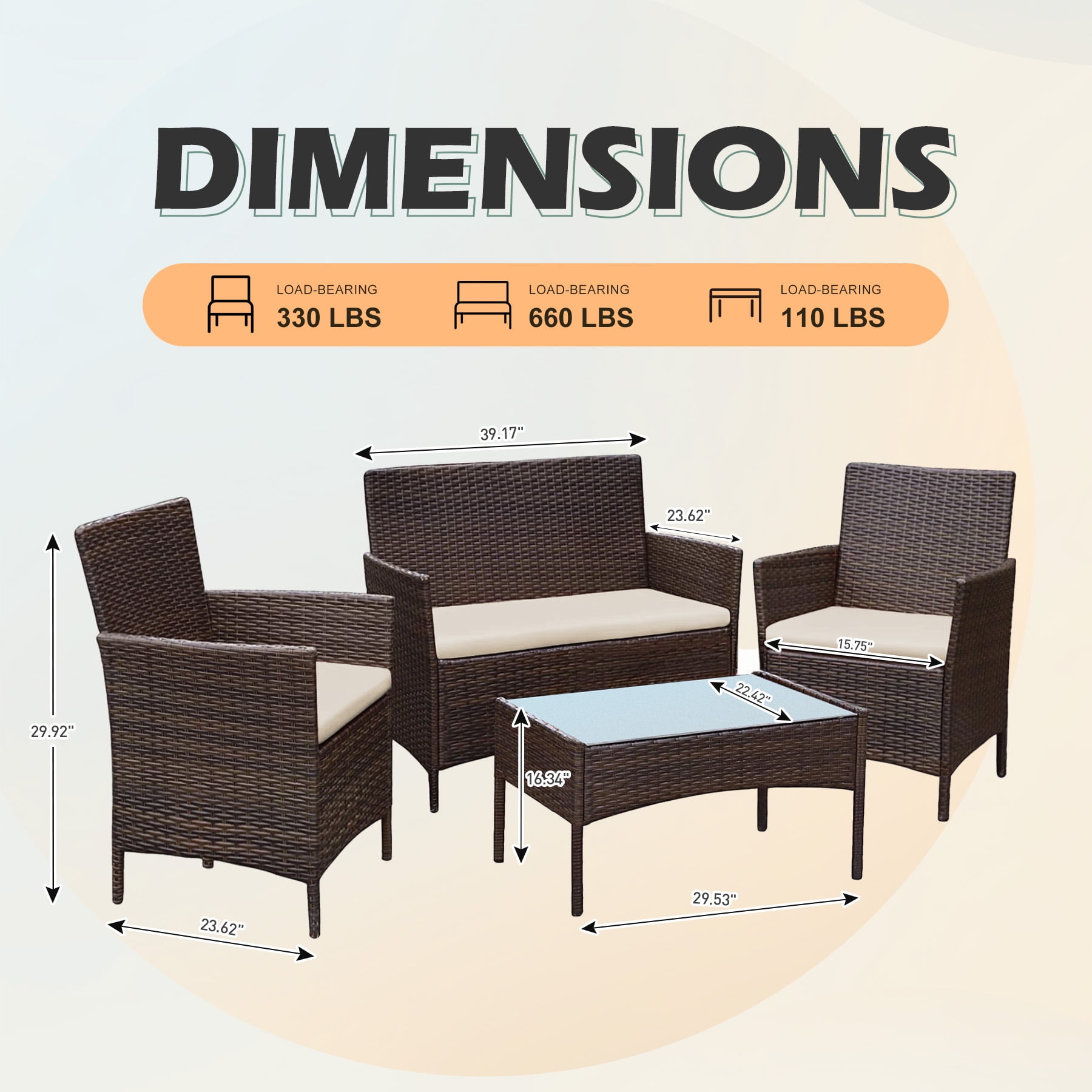 Tappio 4 PCS Outdoor Rattan Furniture Patio Conversation Set, Wicker Sofa Garden Conversation Bistro Sets for Yard, Pool or Backyard, Brown/Beige
