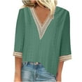 thumbnail image 3 of Feancey Womens Lace V Neck Tops Summer Casual 3/4 Sleeve Plus Size Blouses Solid Color Loose Fit Mid Length Shirt Trendy Vacation Tunic Top Daily Sales,Green,M, 3 of 7