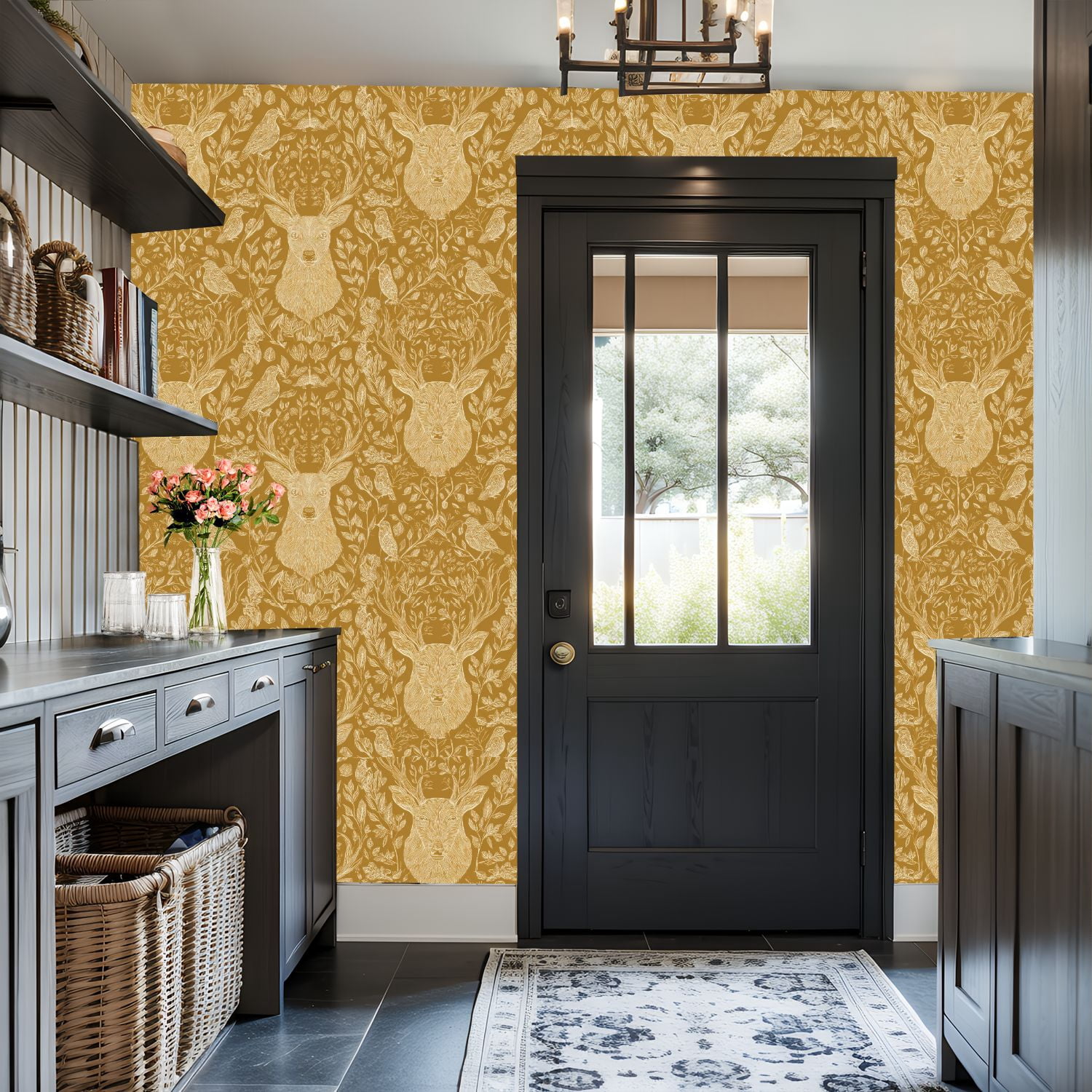 Hunt Peel and Stick Wallpaper 17.7in x 9.8ft Whimsical Floral Fauna Deer Birds Mustard Contact Paper Vinyl Waterproof Self Adhesive Wall Paper for Bedroom Shelf Cabinet Renter Friendly