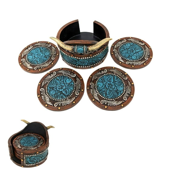 Rustic Southwestern Coasters Set: Faux Horn & Tooled Leather-Inspired Western Home Decor, Lodge, Cabin - Unique Gift for Cowboy Ranch Theme Enthusiasts