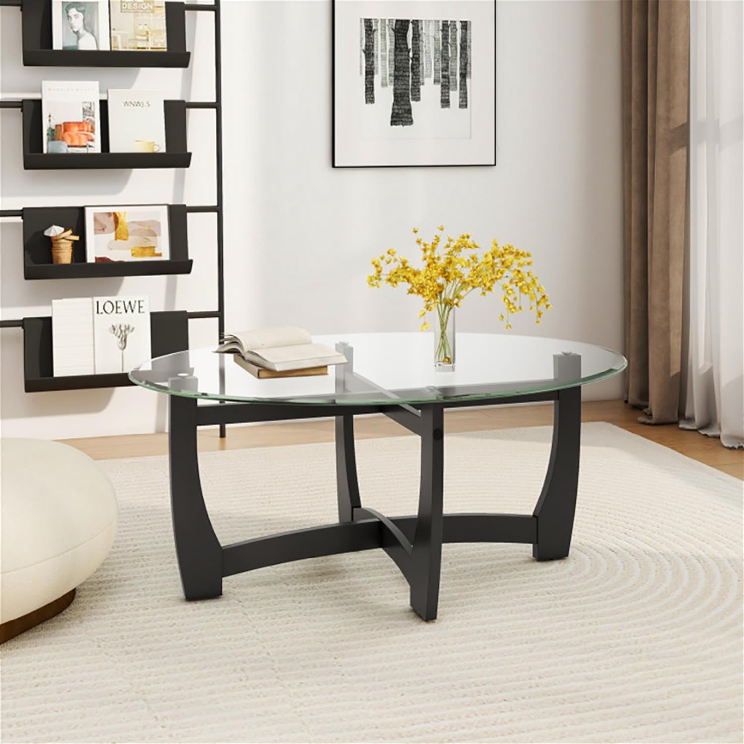 Demi Bonn Oval Coffee Table, Dining Center Tables with Tempered Glass Tabletop and Rubber Wood Legs for Living Room, Bedroom, Office and Balcony, Black