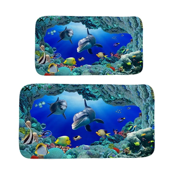 Bath Rugs Set Dolphin Pattern Flannel Water Absorbent Non-Slip 2 Pcs Bathroom Mats Home Decor