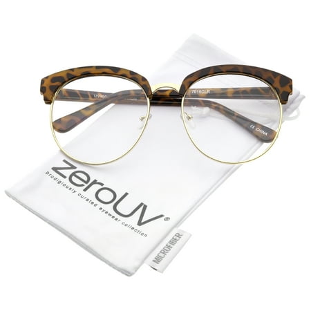 zeroUV - Oversized Flat Clear Lens Half Frame Semi-Rimless Round Glasses 58mm (Tortoise-Gold / Clear) - 58mm