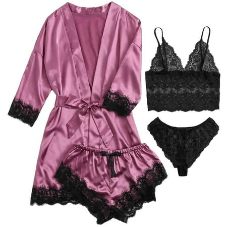 4 Pieces Woman Sleepwear Pajamas Ser With Robe Sexy Lace Lingerie Bathrobe Silk Satin Home Clothed Nightwear Robe Purple S