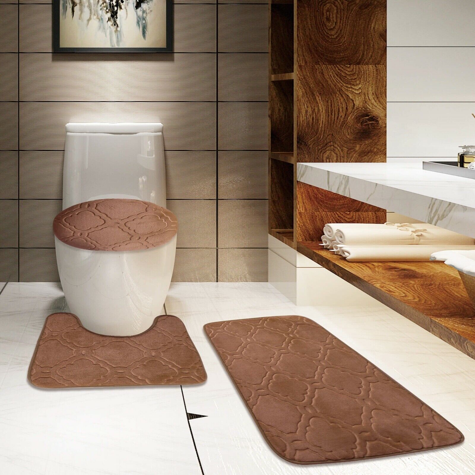 3 Coffee 3Piece Solid Plain Bathroom Rug Set, Large Bath Mat 20"x 30", Contour Mat 19"x19
