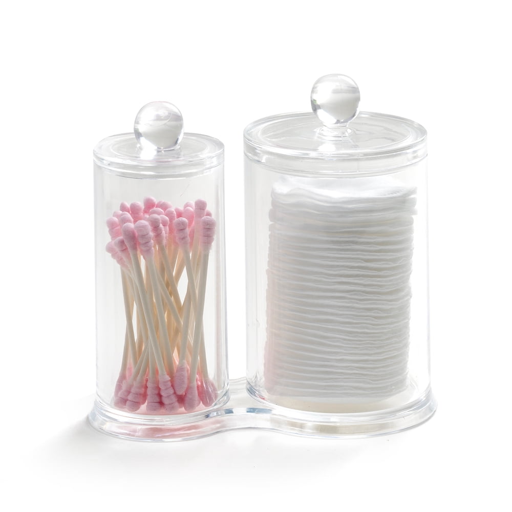 K-Cliffs Clear Acrylic Cotton Ball and Swab Holder/Attached Containers with Separate Lids/Cosmetic Organizer