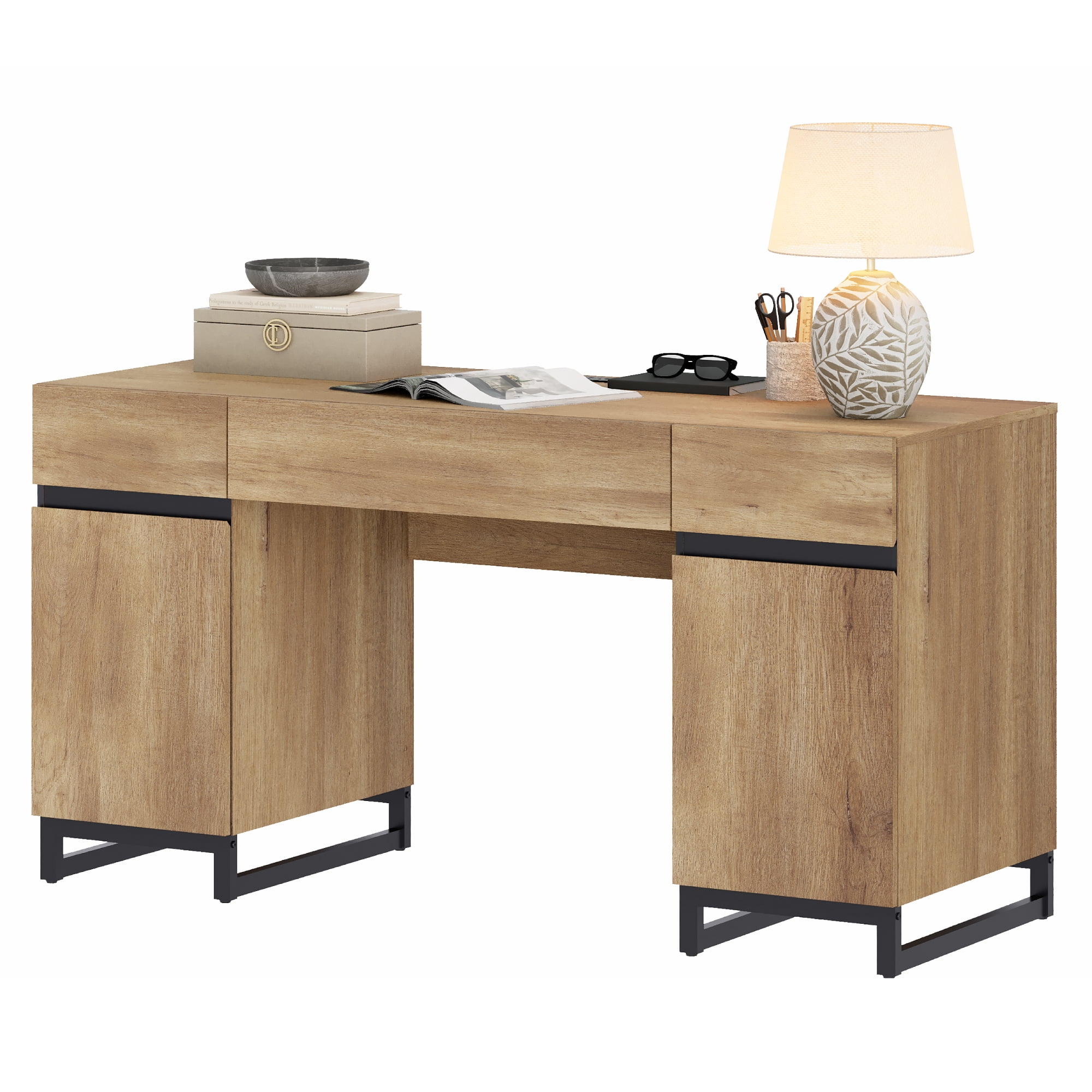 WAMPAT Home Office Furniture Set: 59" Executive Desk with Charging Station and Storage Cabinet, Two 72" Tall Bookcase, Modern Computer Desk and Library Shelf for Work Study, Oak