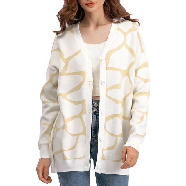 Suéter Divertido Gibobby de Manga Larga corte holgado cuello en V para mujer estampado de líneas Beige Talla única