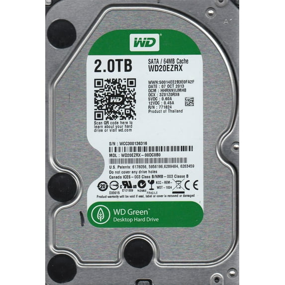WD20EZRX-00DC0B0, DCM HHRNNVJMHB, Western Digital 2TB SATA 3.5 Hard Drive