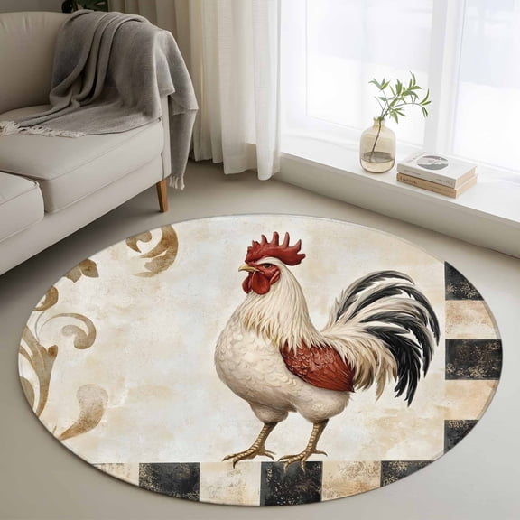 White Vintage Rooster Round Rug 3ft Washable Circle Entryway Rugs Non Slip Watercolor Farmhouse Animals Plaid Area Rug Indoor Floor Carpet for Bedroom Kitchen Living Room Home Office Dining Room