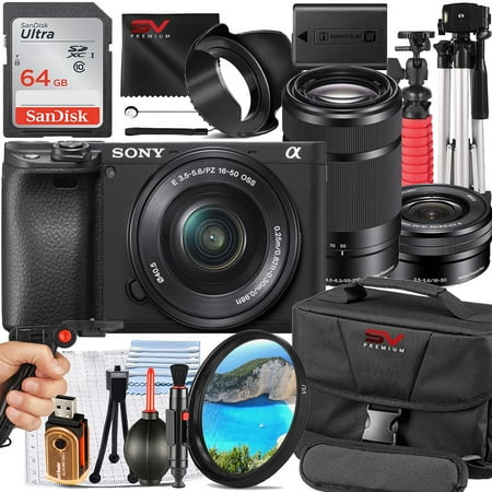 Sony A6400 Mirrorless Camera with 55-210mm Lens + 16-50mm Lens + SanDisk 64GB Memory Card + Pistol Grip Tripod + SV Premium Accessory Bundle (International Model)