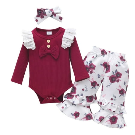 

ZMHEGW Girls Boys Long Sleeve Romper Bodysuits Flowers Prints Bow Trumpet Pants Headbands Outfits