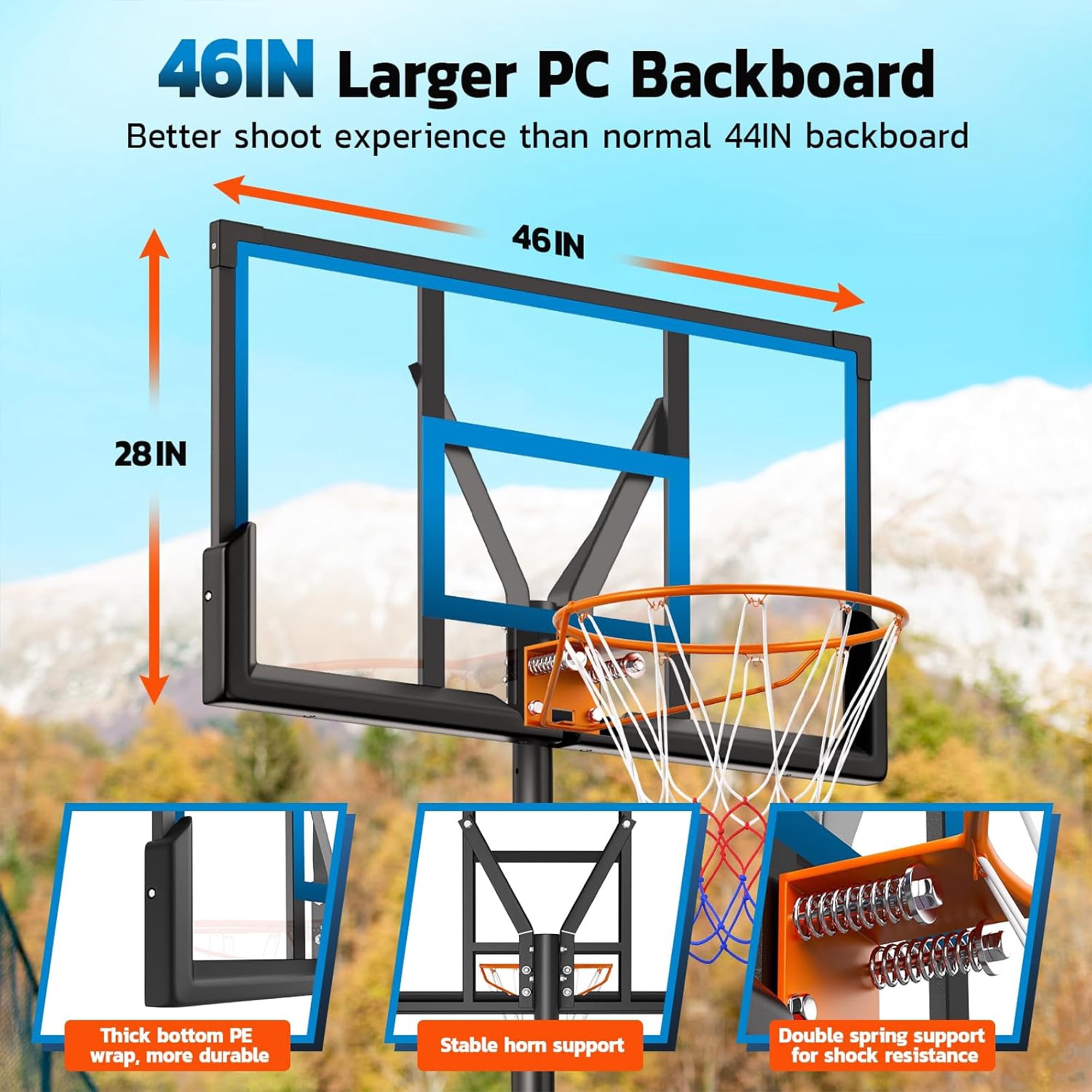 Toremore 46 In. Portable Basketball Hoop Outdoor, 4.4-10 FT Height Adjustable Basketball Goal System with Shatterproof Backboard and Solid Steel Rim