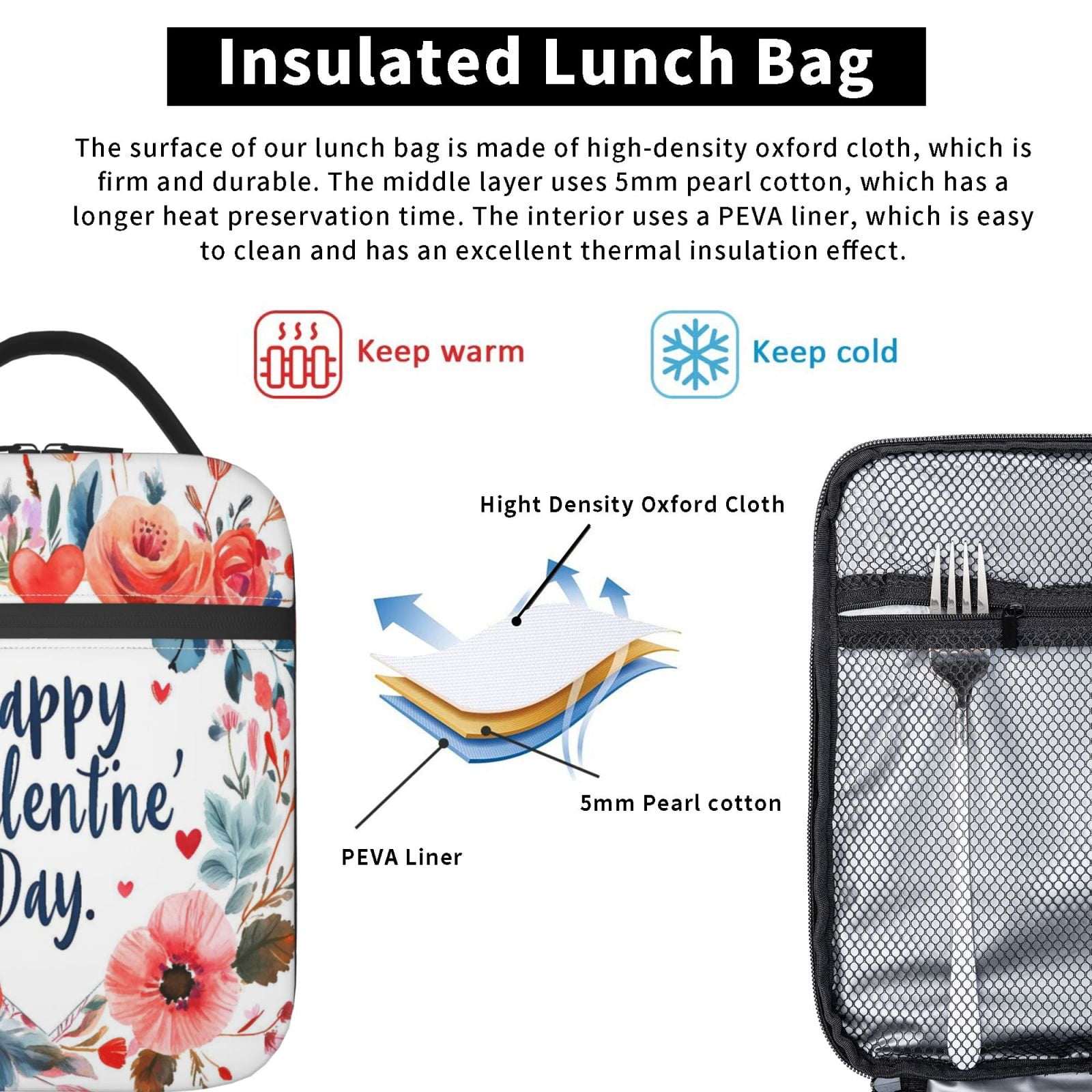 Lunch Bag For Women Men Insulated Portable Lunch Box Bento Box Office Picnic Travel Cooler Bag Valentine Day Flower