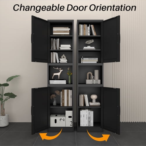 67" Tall Narrow Storage Cabinet, Bathroom Linen Tower, Reversible Doors, Adjustable Shelves, Black
