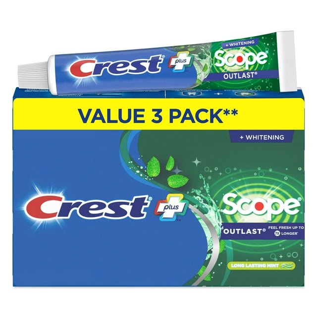 Dentifrice Crest blanchissant plus Scope Invincible, Menthe longue durée, 3 x 120 mL
