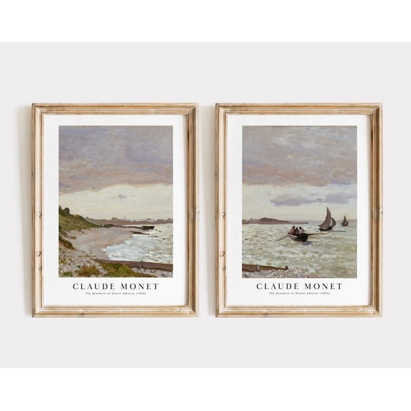 Luvia 2 Piece Set Of Claude Monet Exhibition Prints, Landscape Poster, Grey Beige Neutral Tones, Coastal Beach, Vintage Fine Art Poster, Modern Wall Decor Set 2 Prints 8x12 UNFRAMED