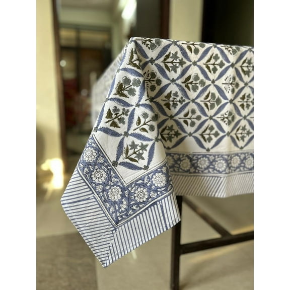 Light Steel Blue, Olive Green Hand Block Printed Cotton Tablecloth, Dining Table Cover Farmhouse Party Wedding Home Housewarming Baby Shower