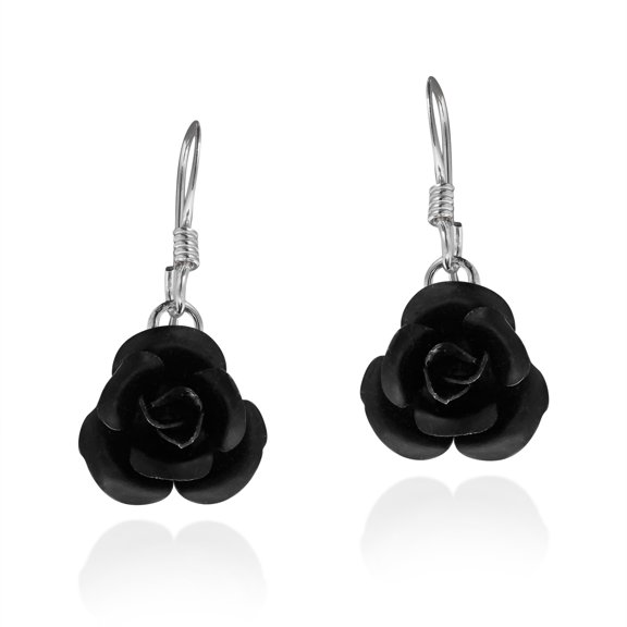Simply Beautiful Blooming Black Rose .925 Sterling Silver Dangle Earrings