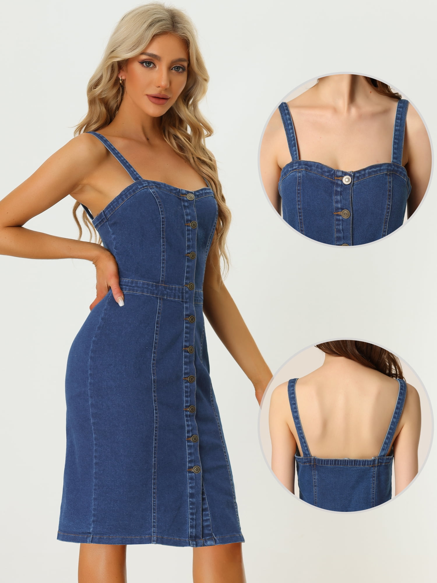 DARING DIVA Button Down Denim Sleeveless Sweetheart Neck Jean Dresses XS Blue