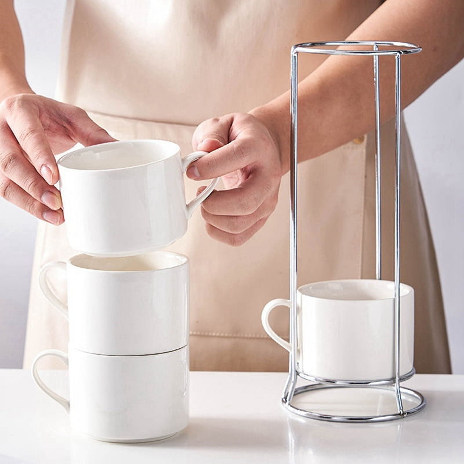 Porcelain Stackable Cappuccino Cups with Saucers and Metal Stand, Espresso Cups for Latte Coffee Cafe,Specialty Coffee E
