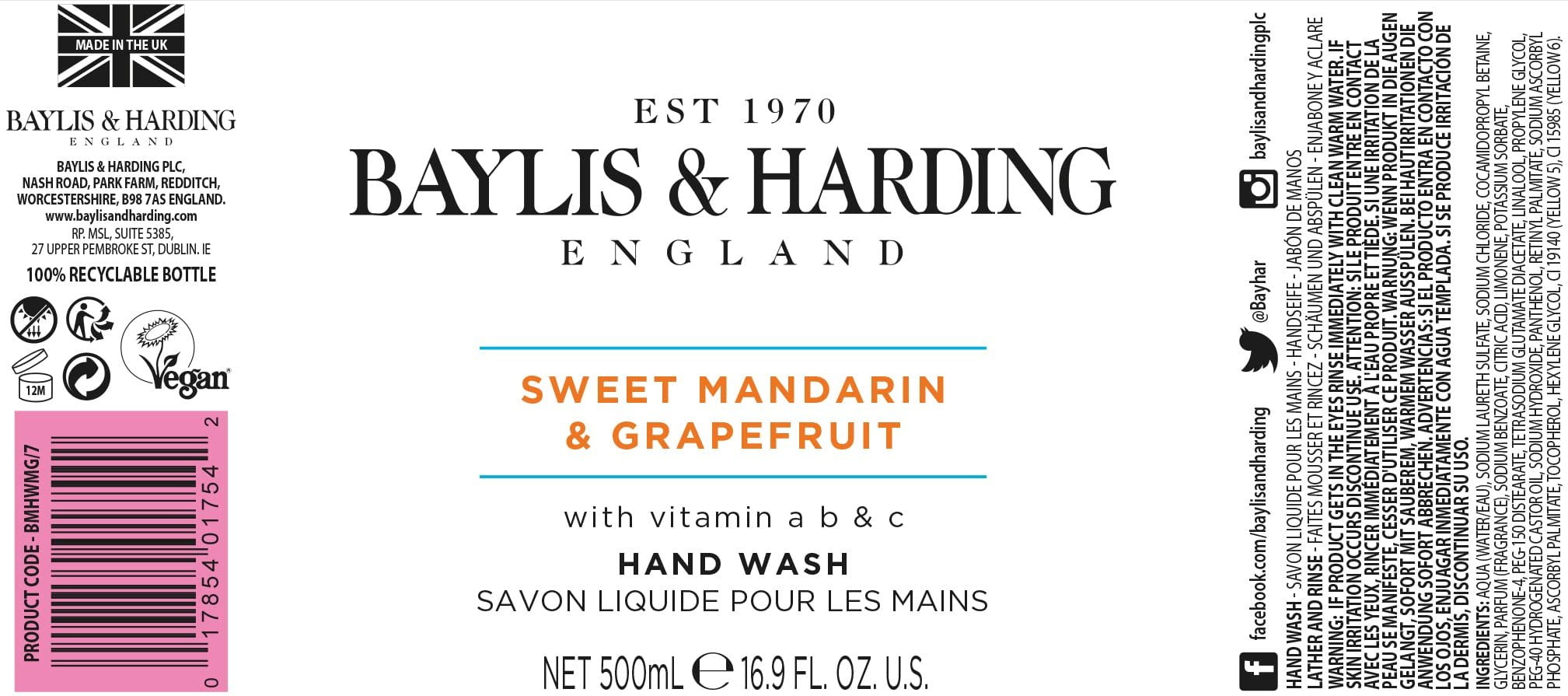 Baylis & Harding Liquid Hand Soap Wash with Dispenser, Sweet Mandarin & Grapefruit, 16.9oz/500ml 3-Pack