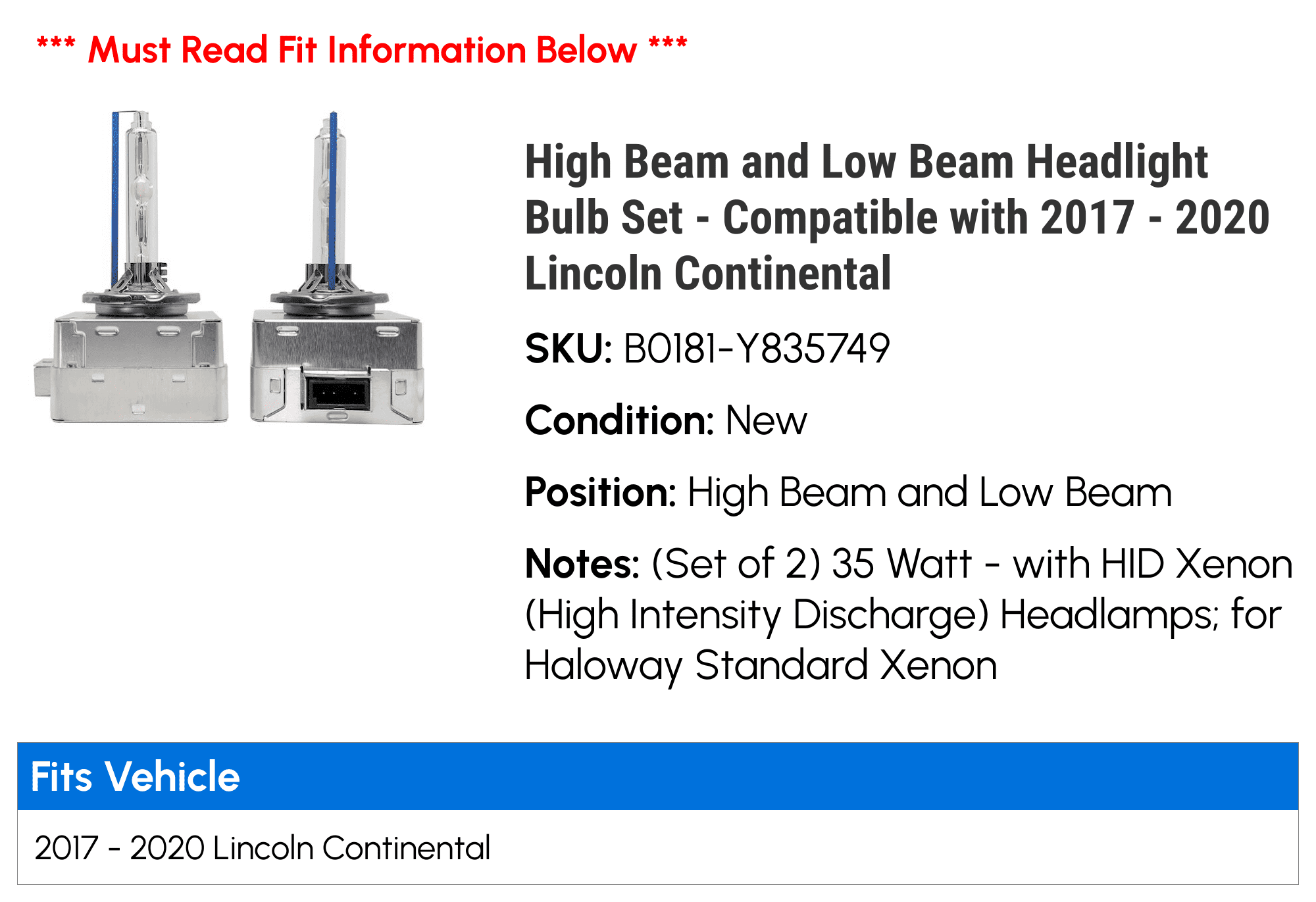 High Beam and Low Beam Headlight Bulb Set - Compatible with 2017 - 2020 Lincoln Continental 2018 2019