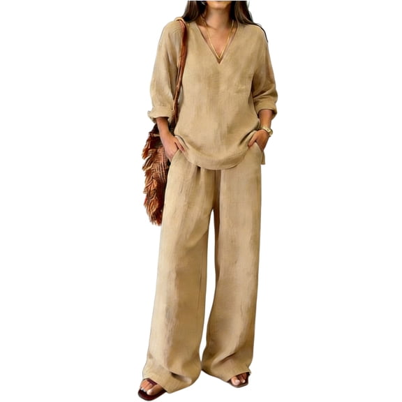 Linen Sets For Women 2 Piece Summer Long Sleeve V Neck Shirts Matching Wide Leg Lounge Pants Resort Beach Vacation Outfits/Beige/L