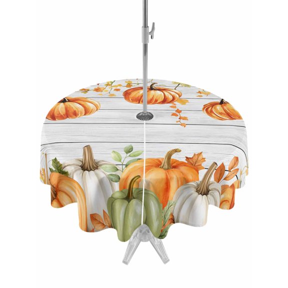 Outdoor Tablecloth with Umbrella Hole and Zipper, Orange Green Pumpkins Fall Round Table Cloth 54 Inch Waterproof Tablecloth, Thanksgiving Botanical Vintage Picnic Table Cover for Patio Camping