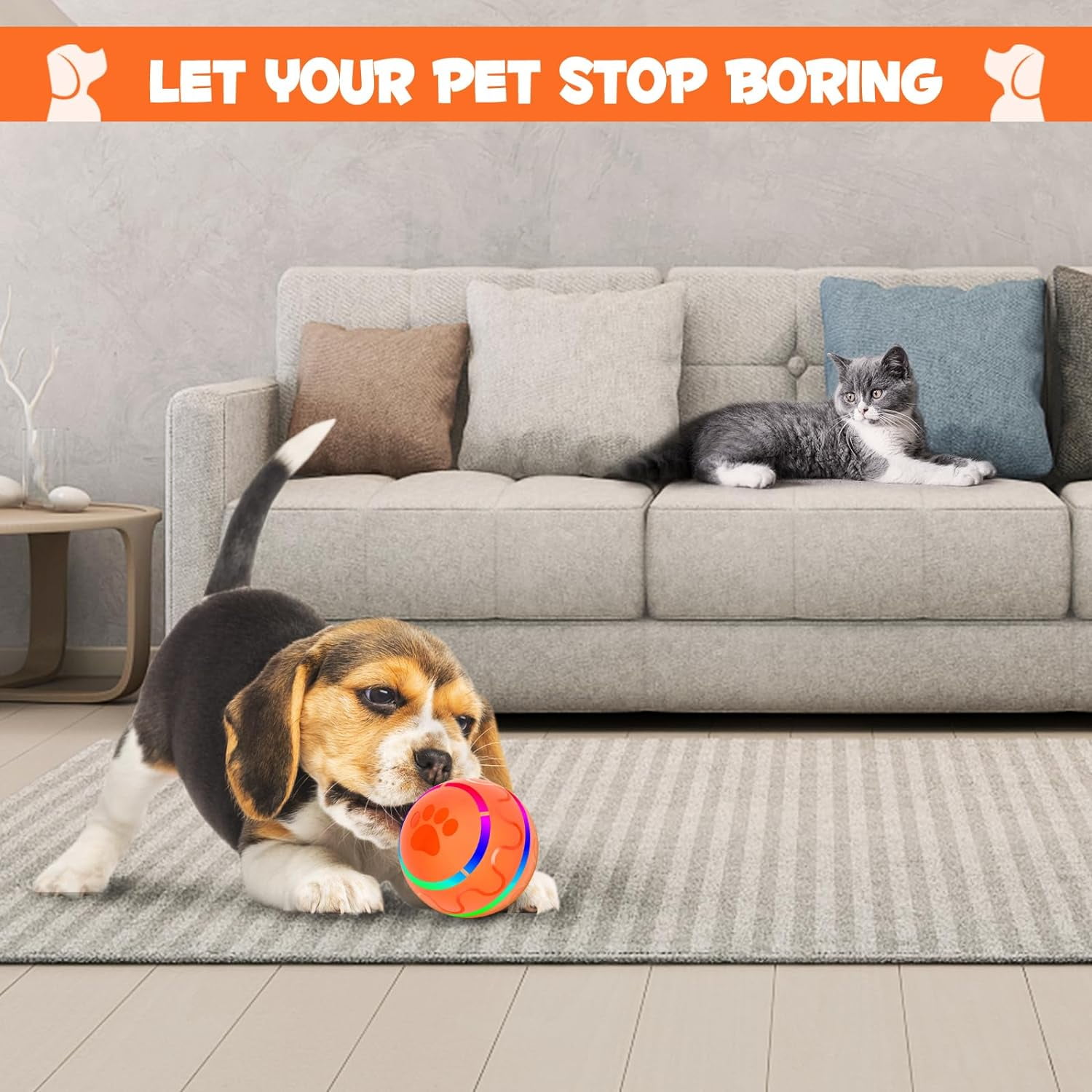 Interactive Dog Ball Toys, Pet Ball for Dogs, Durable Automatic Rolling Ball with Led, Flash Lights for Small Medium Dogs Breed, Wicked Ball with Motion Activat BPA-Free USB Rechargeable (Orange)