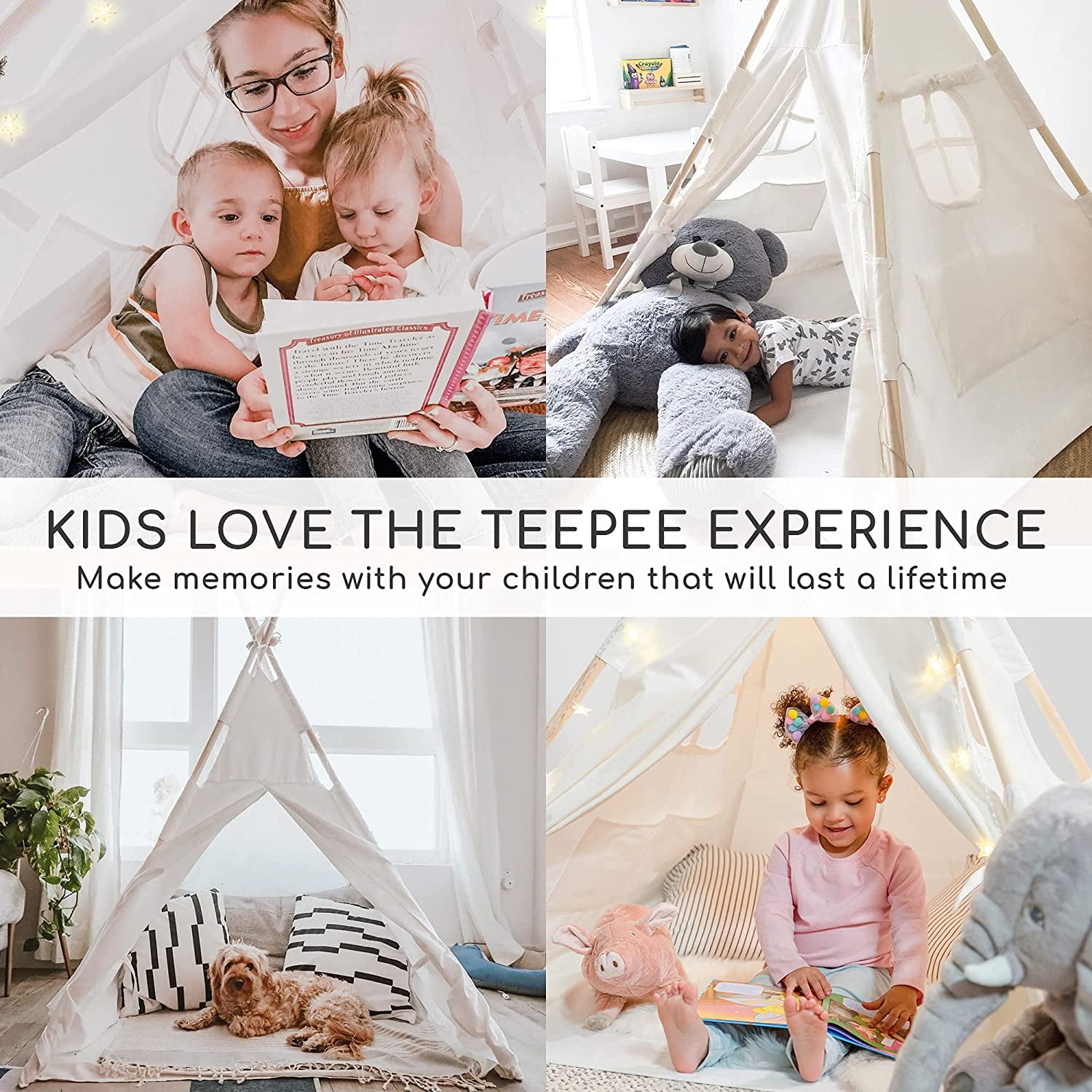 Kids Teepee Tent For Kids With Fairy Lights Waterproof Base Feathers 