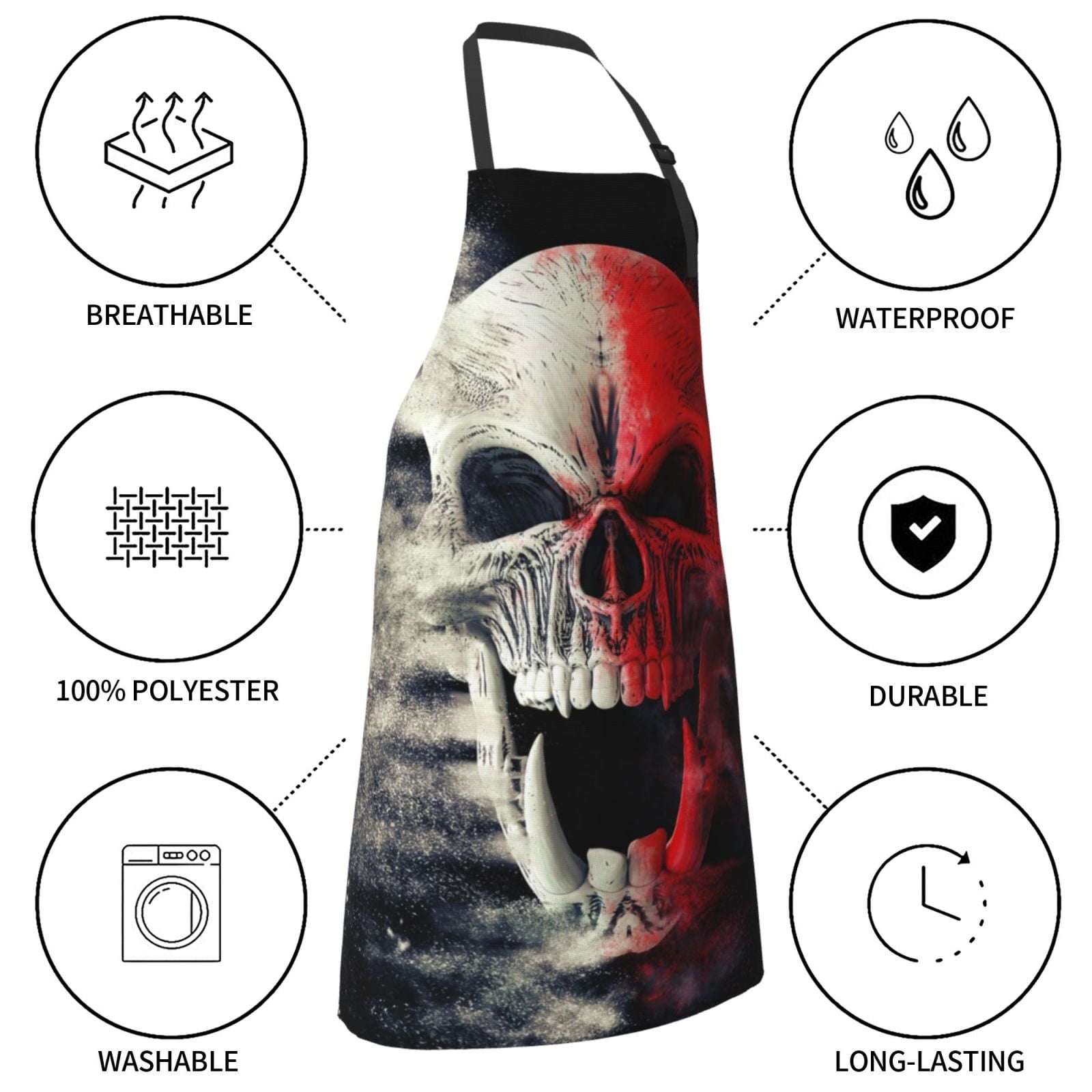 Vsdgher Red And White Screaming Demon Skull Waterproof Apron with 2 Pockets Kitchen Chef Aprons Bibs for Grooming Cooking Baking Painting Gardening