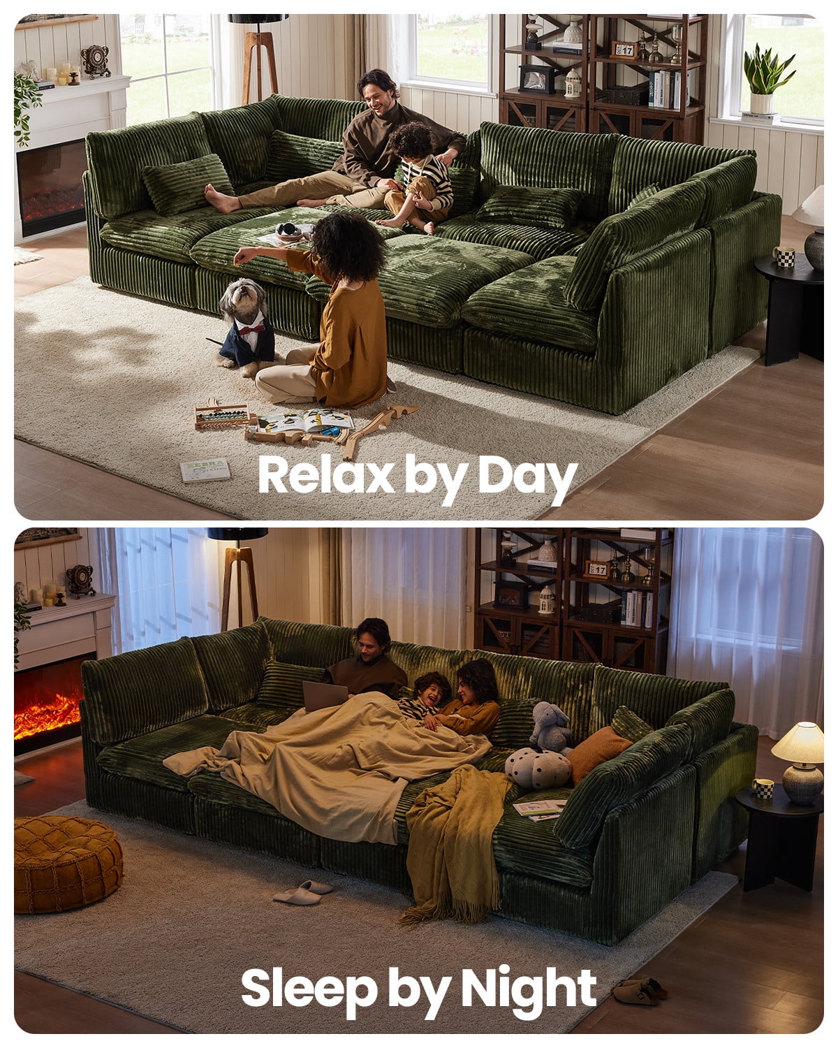 CHIC HOUSE Oversized Modular Sofa,Extra Deep Cloud Corduroy Sectional Couch with Ottoman Chaise,FSC Certified Fluffy Chenille 6 Seat U-Shaped Sofa for Living Room,Villa