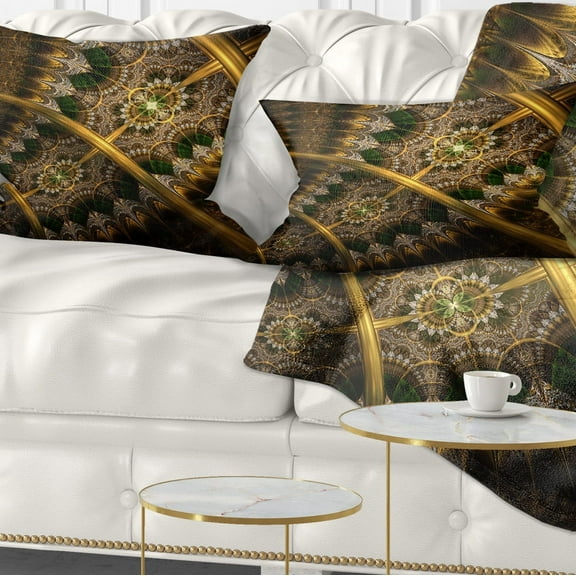 Designart Dark Green Gold Fractal Flower - Abstract Throw Pillow - 12x20