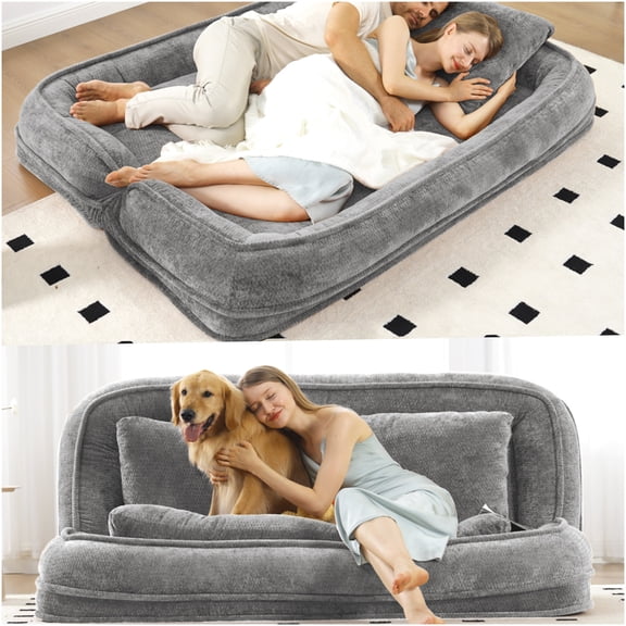 Adjustable 5-Position Floor Loveseat Sofa Bed with Plush Pillows, Convertible Lounger for Two, Light Gray Chenille Fabric