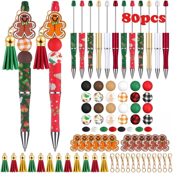 CCOCC 80Pcs Beadable Pens for Christmas,Diy Christmas Pen Making Kit with 68Pcs Christmas Beads,Gingerbread Charms,Tassels,Christmas Beadable Pens Bulk,For Office Supplies Kit,Holiday Craft Gift