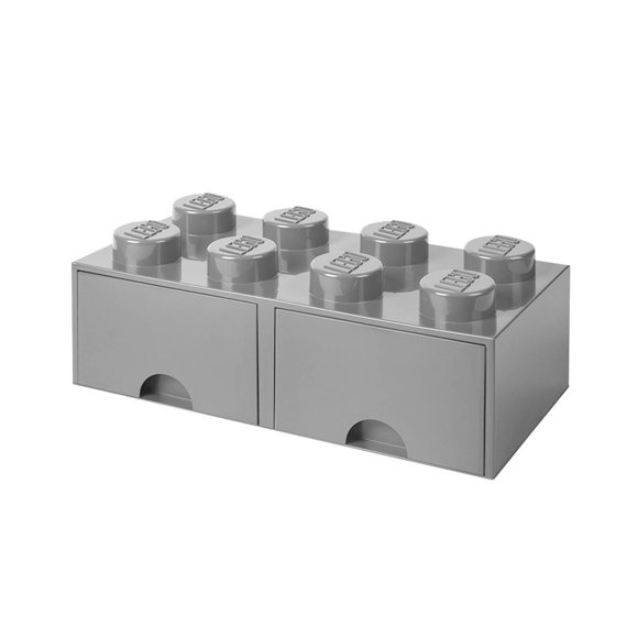 LEGO Brick Drawer, 8 Knobs, 2 Drawers, Stackable Storage Box, Stone Grey