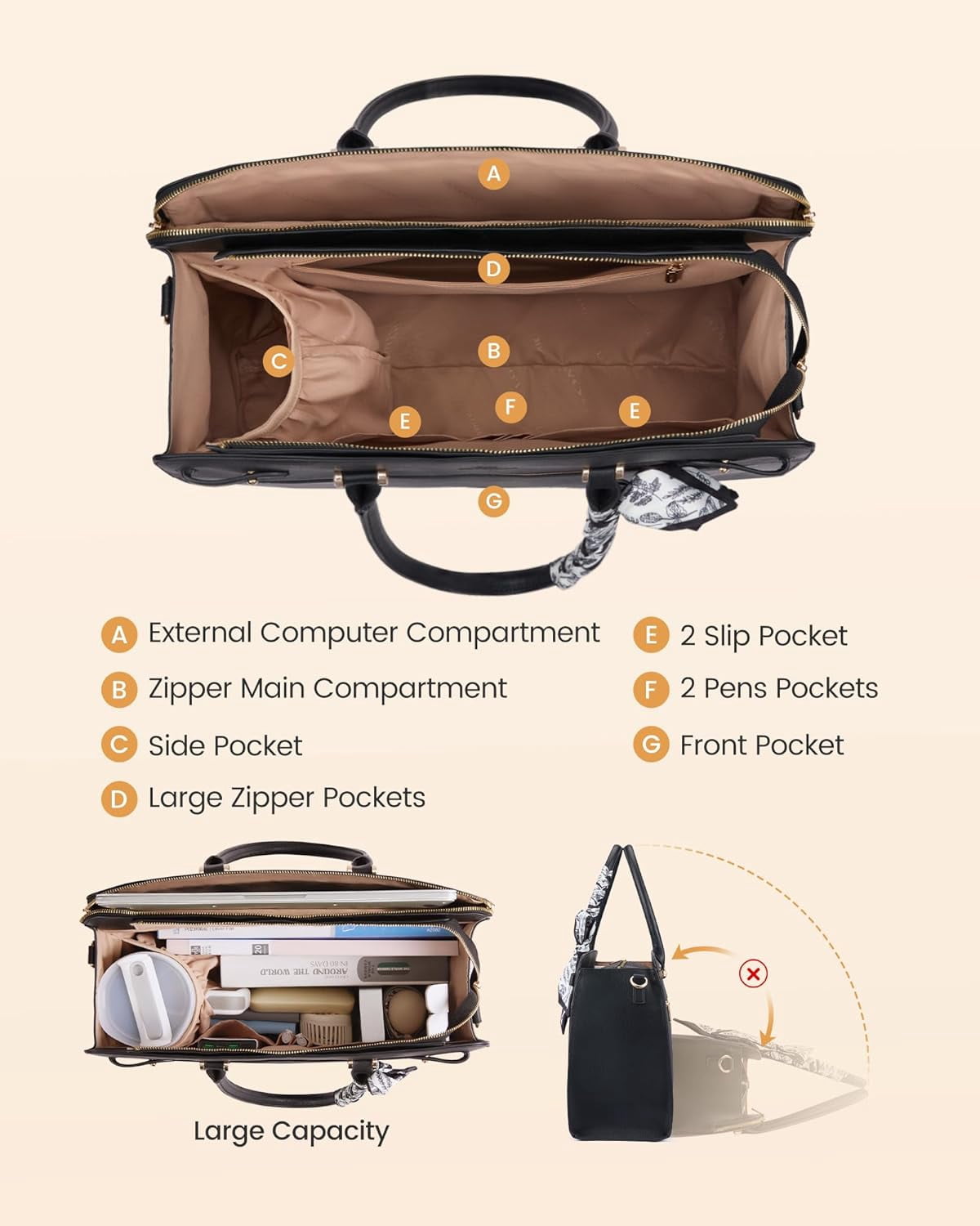 LOVEVOOK Laptop Tote Bag for Women, PU Leather Work Bag Waterproof Briefcase Handbag for Teacher Business with Silk Scarf