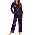 thumbnail image 2 of Garronmavis Purple Bats Halloween Women's Long Sleeve Button Down Pajama Set 2-Piece Comfortable Sleepwear Loose Fit Lounge Wear, Black, 2 of 7