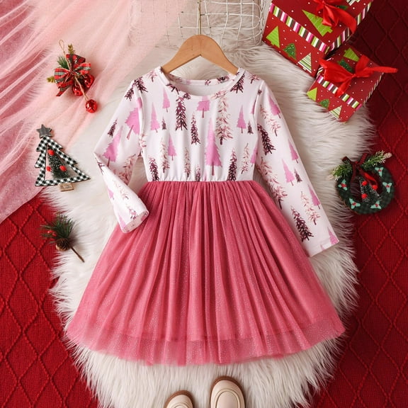 NAISIBABY Girls Tutu Dresses, Long Sleeve Shinny Tulle Christmas Prints Casual Party Midi Dresses Pink 5T