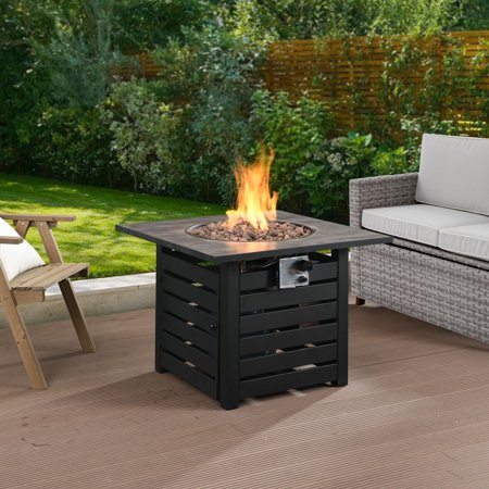 31.77 in. W x 23.62 in. H Square Black Metal Base Propane Gas Fire Pit with Dark Grey Ceramic Table Top in Black